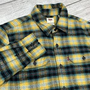 Levis Mens Jackson Worker‎ Yellow Blue Flannel Check Relaxed Fit Shirt Sz S